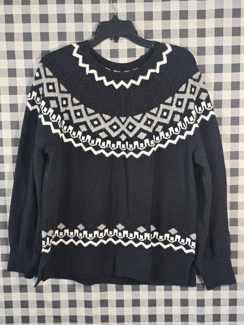 LOFT Fair Isle Sweater Women L Black White Nordic Cotton Blend Pullover Holiday